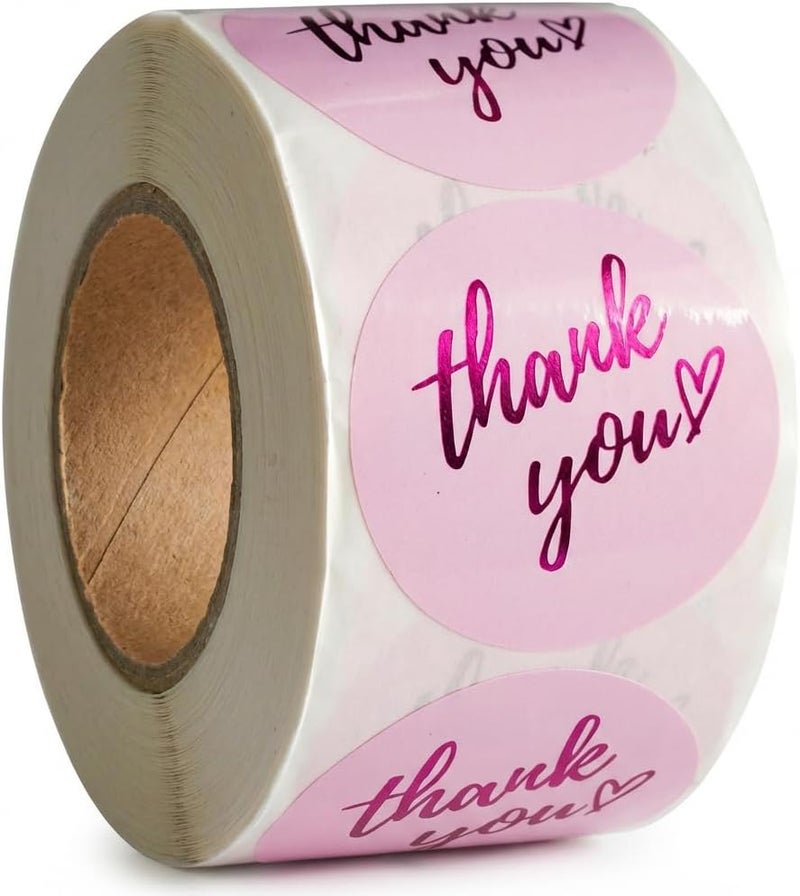 IBAKE 500 Pcs Thank You Stickers Roll – 1.5” Pink Round Labels with Purple Hot Stamping Foil Script & Heart Design, Elegant Small Business Packaging Stickers for Bags, Boxes, Envelopes & Party Favors - Image 1